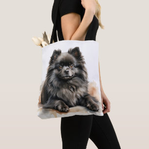 BEAUTIFUL SMALL BLACK POMERANIAN PUPPY DOG TOTE BAG