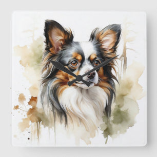 BEAUTIFUL SMALL TRI-COLORED PAPILLON DOG SQUARE WALL CLOCK