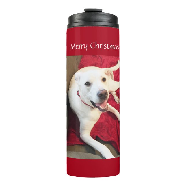 Beautiful Smiling White Puppy Dog Christmas Red Thermal Tumbler (Front)