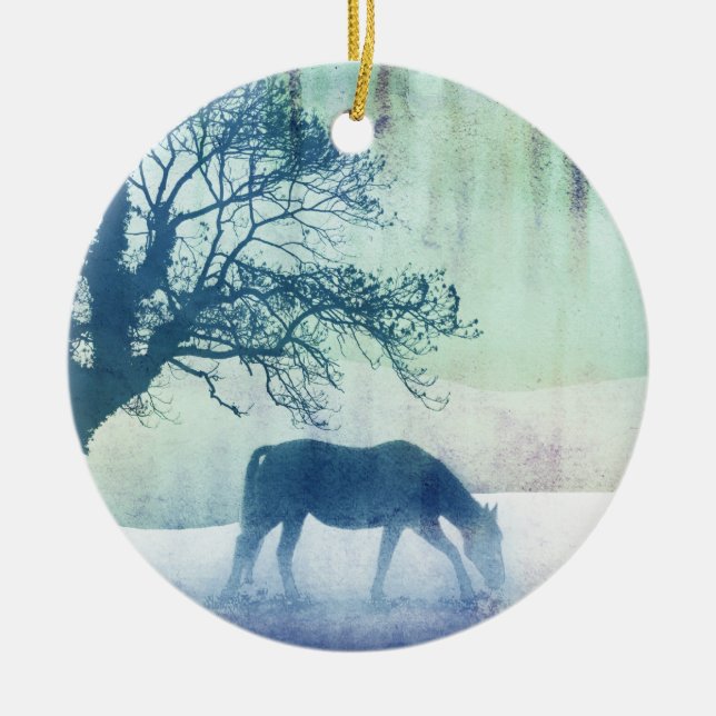 Beautiful Snow Horse Artwork Ceramic Ornament (Front)