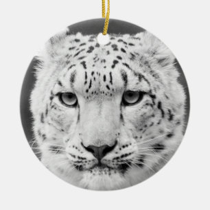 Beautiful Snow Leopard Black and White Portrait Ceramic Tree Decoration