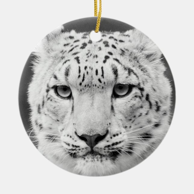 Beautiful Snow Leopard Black and White Portrait Ceramic Tree Decoration (Front)