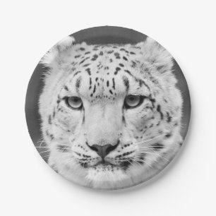 Beautiful Snow Leopard Black and White Portrait Paper Plate