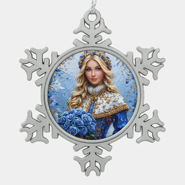Beautiful Snow Maiden Snowflake Pewter Christmas Ornament (Front)