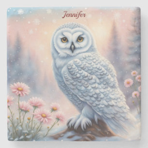 Beautiful Snow Owl, pink flowers. Editable name Stone Coaster