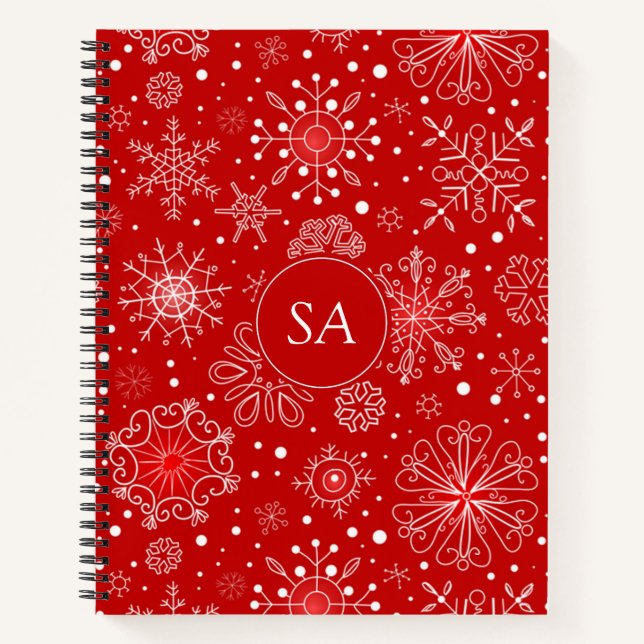 Beautiful Snowflakes on Red Background Christmas Notebook (Front)