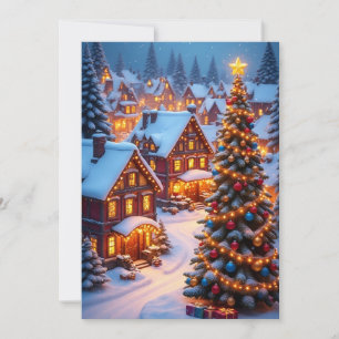 Beautiful Snowy Christmas Village with Tree Card