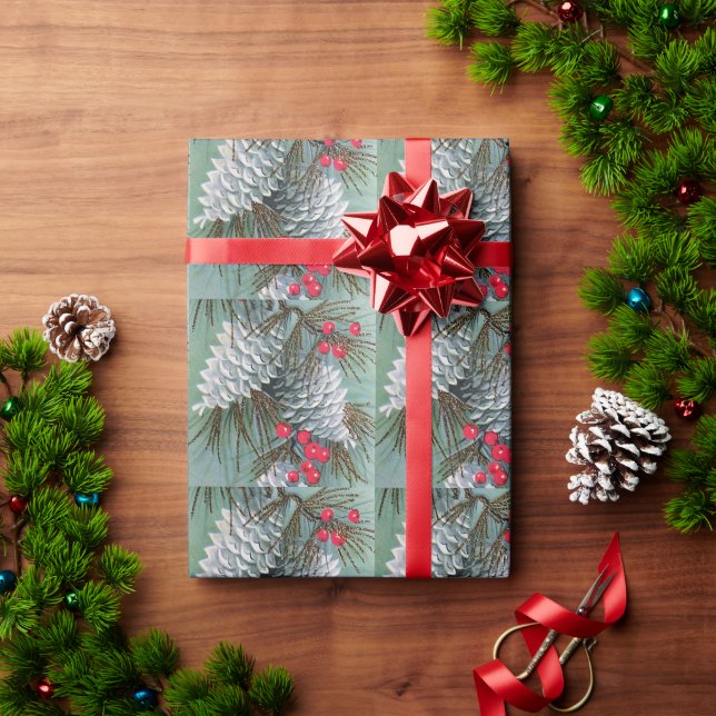 Beautiful Snowy Pine Cones Pine Branches Red Berry Wrapping Paper (Holiday Gift)