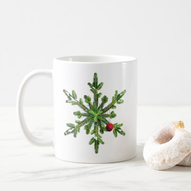 Beautiful Snowy Pine Snowflake Christmas Coffee Mug (With Donut)