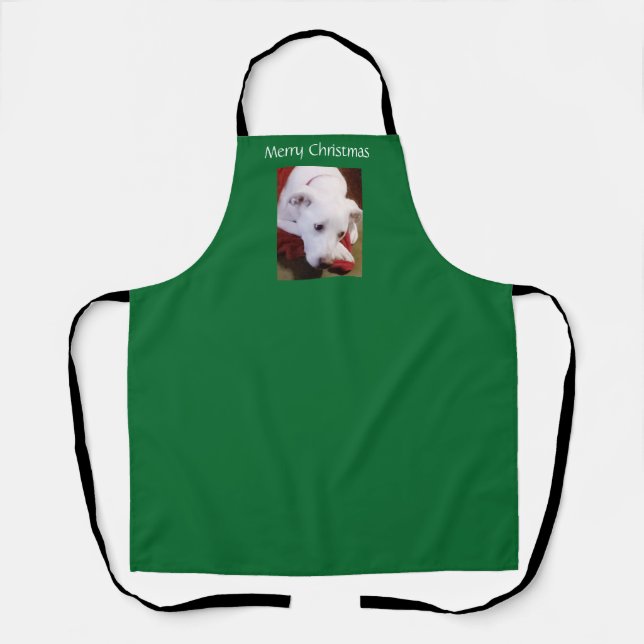 Beautiful Snowy White Puppy Dog Green Christmas Apron (Front)