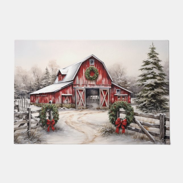 Beautiful Snowy Winter Rustic Red Barn Christmas Doormat (Front)