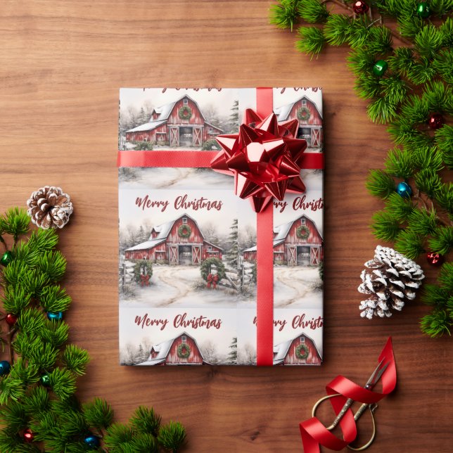 Beautiful Snowy Winter Rustic Red Barn Christmas Wrapping Paper (Holiday Gift)