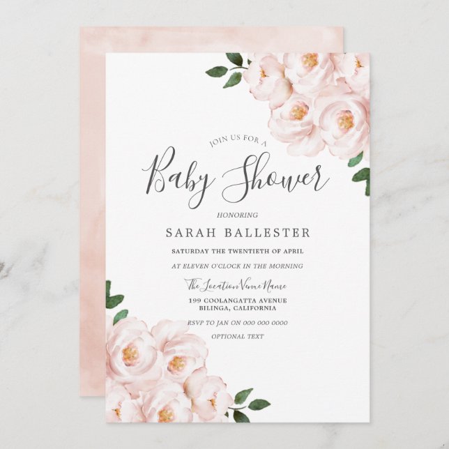 Beautiful Soft Blush Pink Flowers Baby Shower Invitation (Front/Back)