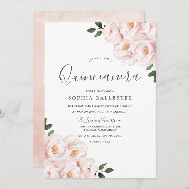 Beautiful Soft Blush Pink Flowers Quinceanera Invitation (Front/Back)