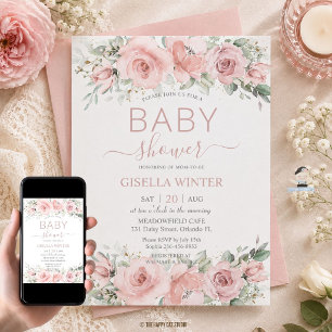 Beautiful Soft Blush Pink Roses Floral Baby Shower Invitation