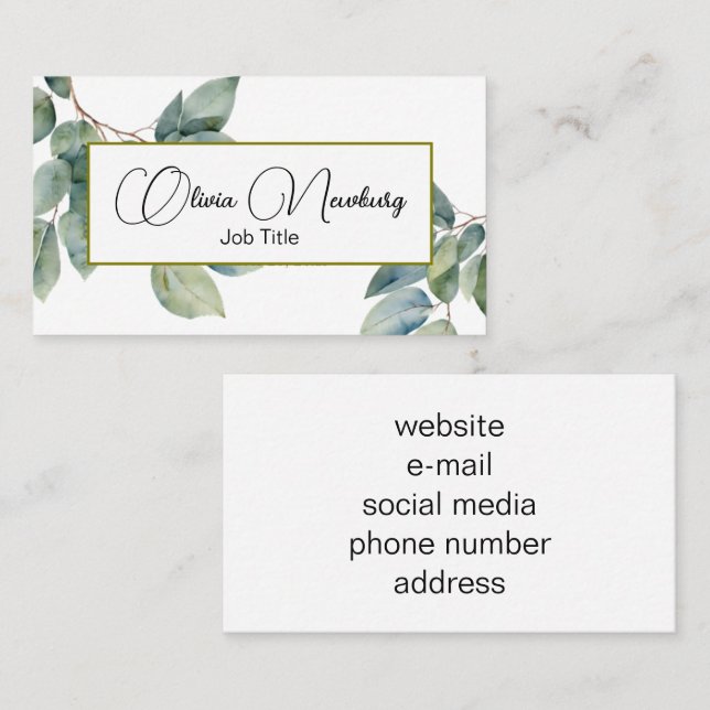 Beautiful soft green teal botanical calligraphy  business card (Front/Back)