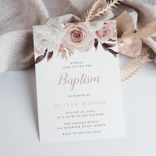 Beautiful Soft Pink Floral Baby Girl Baptism Invitation