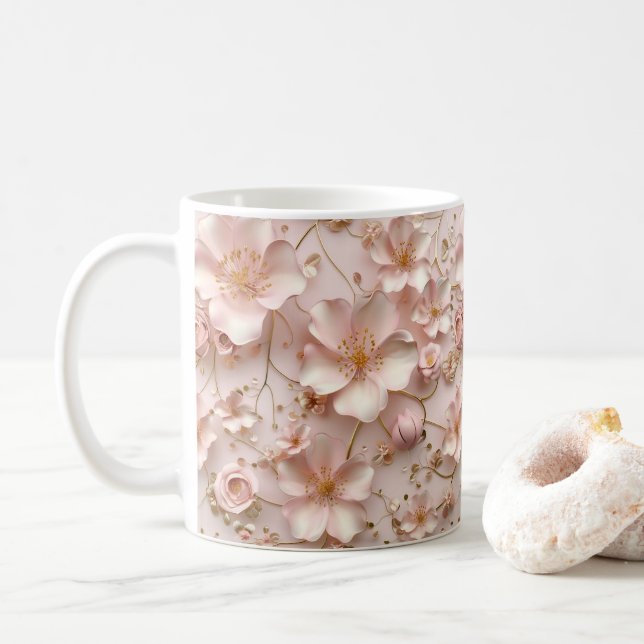 Beautiful Soft Pink Pastel Floral Coffee Mug (With Donut)