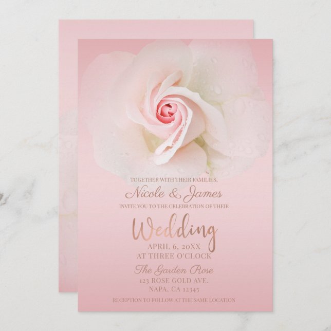 Beautiful Soft Pink Wet Rose Elegant Wedding Invitation (Front/Back)