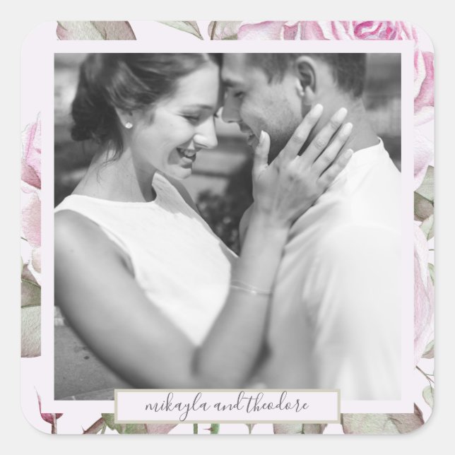 Beautiful Soft Purple Roses Wedding Photo Square Sticker (Front)