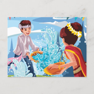 Beautiful Songkran Festival Throwing Water Postcar Postcard