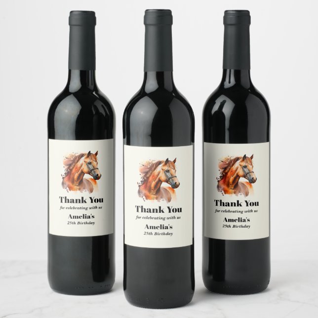 Beautiful Sorrel Horse Portrait Birthday Thank You Wine Label (Bottles)