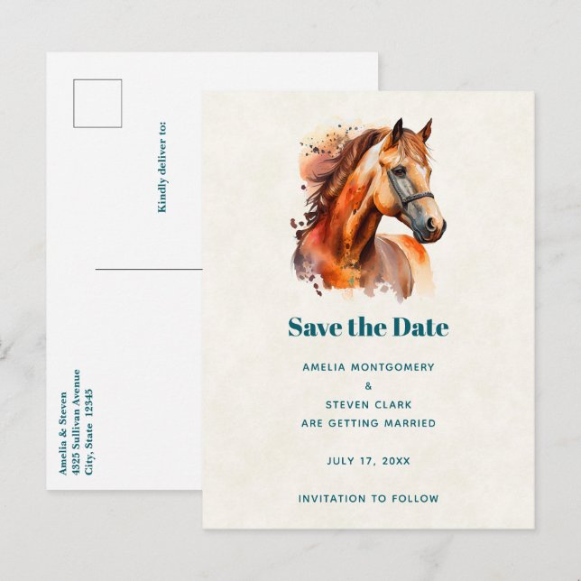 Beautiful Sorrel Horse Portrait Wedding Announcement Postcard (Front/Back)
