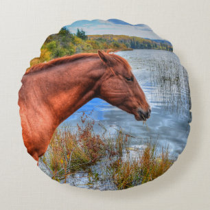 Beautiful Sorrel Mare & Lake View Equine Photo 2 Round Cushion