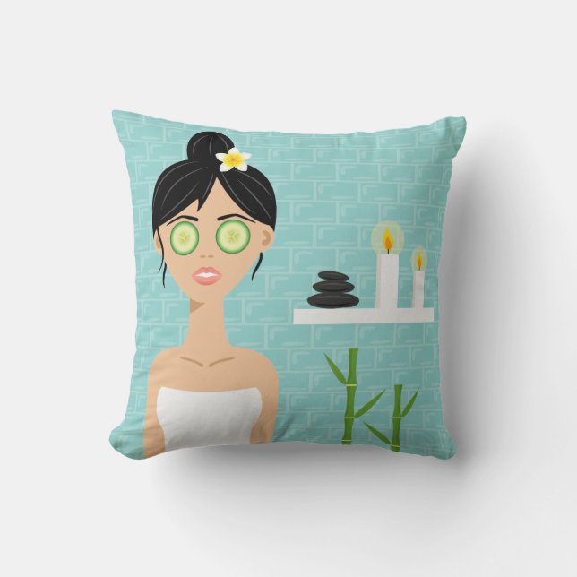 Beautiful Spa Woman In Blue Bathroom Illustration Cushion (Front)