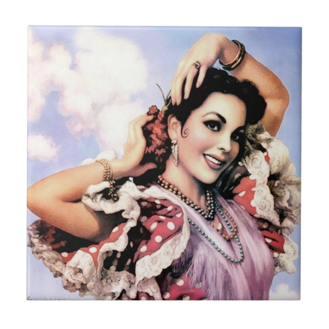 Beautiful Spanish Flamenco Dancer in Red Polka Dot Ceramic Tile (Front)