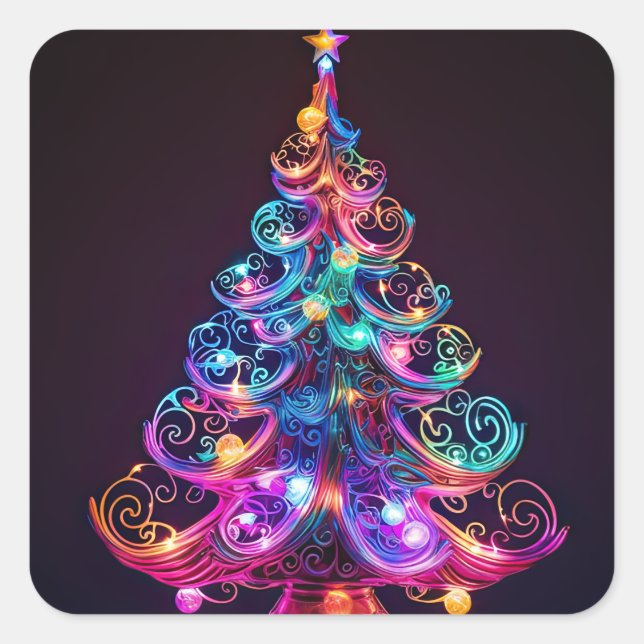 Beautiful Sparkling Neon Christmas Tree Holiday Square Sticker (Front)