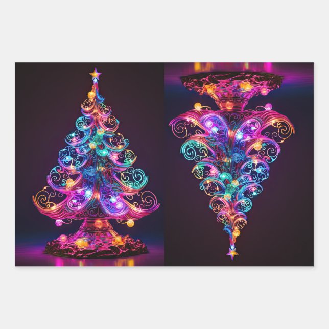 Beautiful Sparkling Neon Christmas Tree Holiday Wrapping Paper Sheet (Front)