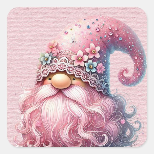 Beautiful Sparkly Pink Gnome Square Sticker (Front)