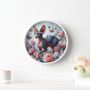 Beautiful Sphynx Cat & Flowers Clock