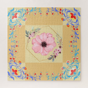 Beautiful Spring Floral Art, Orange Background Jigsaw Puzzle