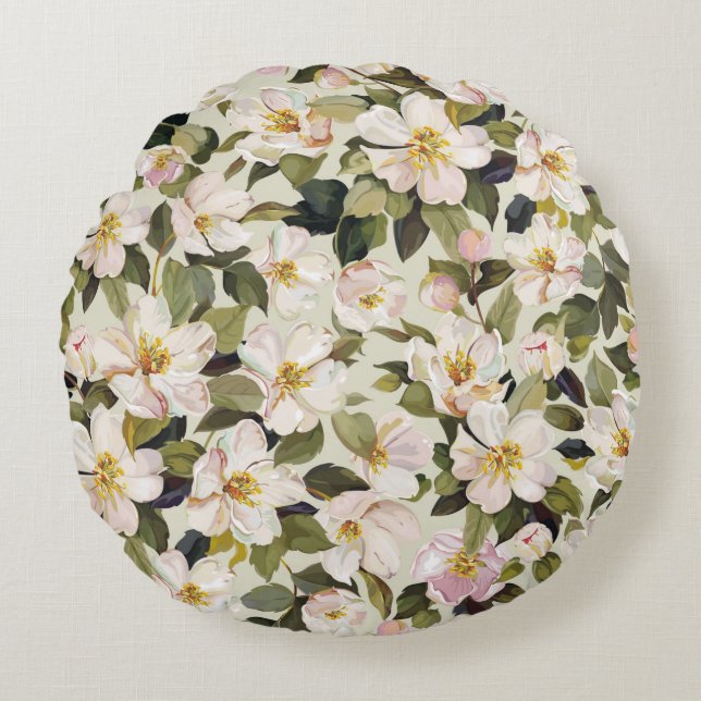 Beautiful spring floral with blossom tree branches round cushion (Front)