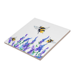 Beautiful Spring Flowers and Bees Flying - Drawing Ceramic Tile