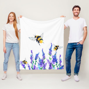 Beautiful Spring Flowers and Bees Flying - Drawing Fleece Blanket