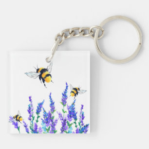 Beautiful Spring Flowers and Bees Flying - Drawing Key Ring