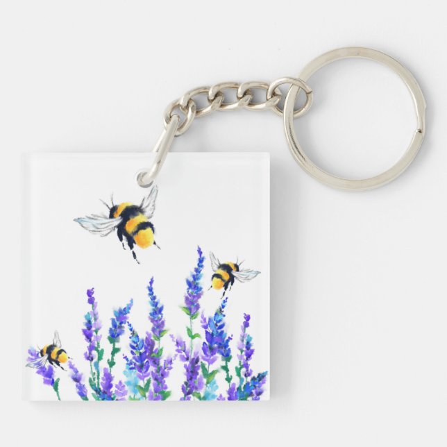 Beautiful Spring Flowers and Bees Flying - Drawing Key Ring (Back)