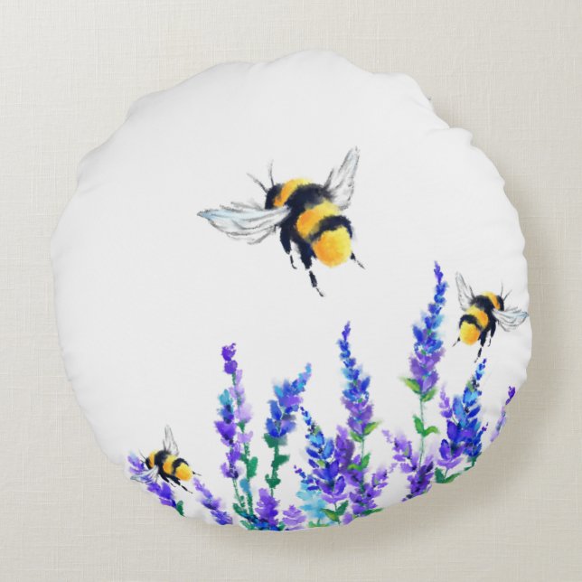 Beautiful Spring Flowers and Bees Flying - Drawing Round Cushion (Back)