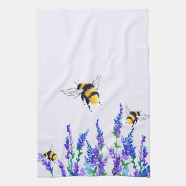 Beautiful Spring Flowers and Bees Flying - Drawing Tea Towel (Vertical)