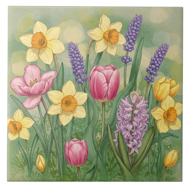 Beautiful Spring Garden Flowers  Ceramic Tile (Front)