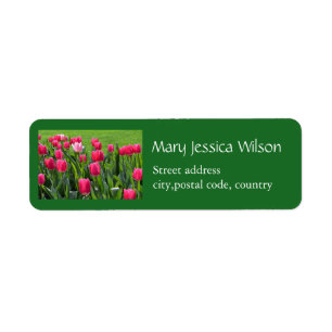 Beautiful spring pink tulip flowers green personal return address label