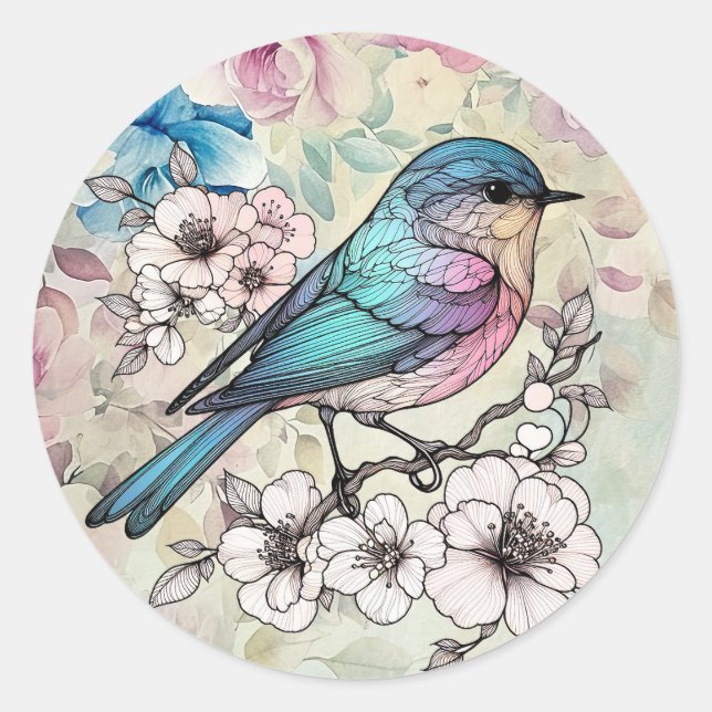 Beautiful Spring  Watercolor Floral Bird Classic Round Sticker (Front)