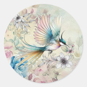 Beautiful Spring  Watercolor Floral Bird in Flight Classic Round Sticker