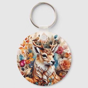 Beautiful Stag in amongst flowers Key Ring