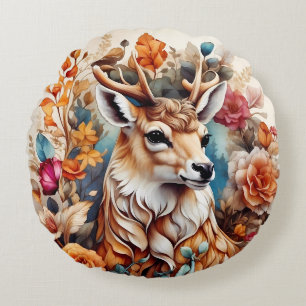 Beautiful Stag in amongst flowers Round Cushion