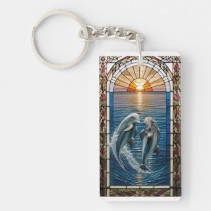 Beautiful Stained Glass Art With Jumping Dolphins Key Ring