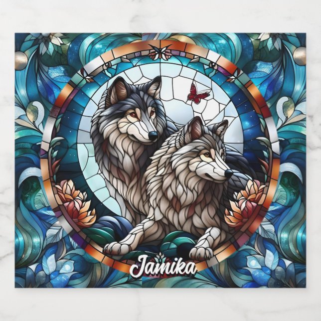 Beautiful Stained Glass Look Wolf Pair Beer Bottle Label (Single Label)